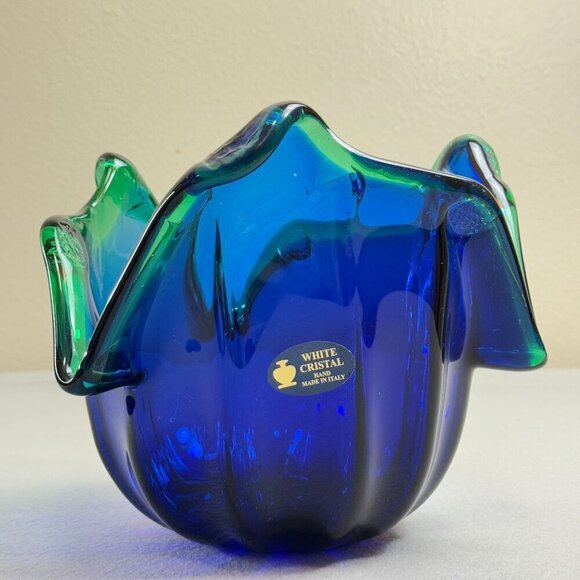 Vintage Italian Murano Style Art Glass Bowl, Cobalt Blue, Green Crest Edge 8" - Picture 6 of 15